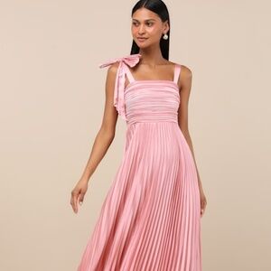Lulus Gorgeous Purpose Pink Satin Pleated Sleeveless Bow Maxi Dress - Size M